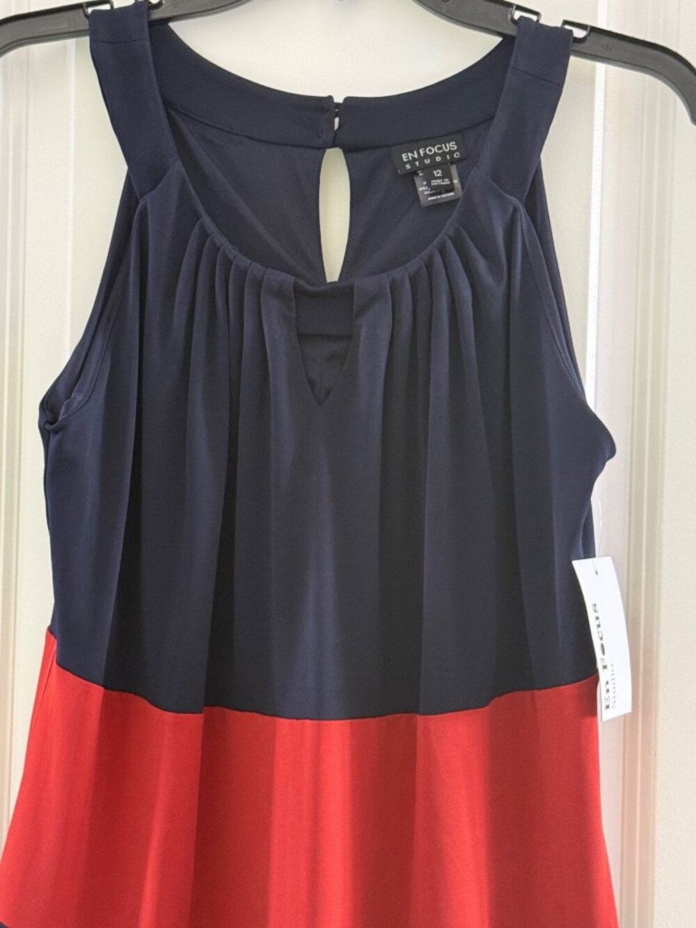 En Focus Studio Sleeveless Striped Shift Dress Size 12 Navy/Red/Olive Colorblock - Picture 8 of 8